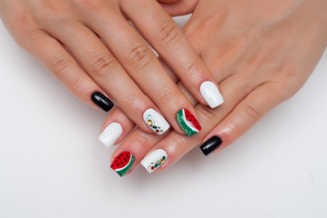 Festive manicure with watermelons 