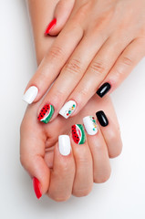Festive manicure with watermelons 