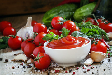 Tomato sauce with herbs and spices, selective focus