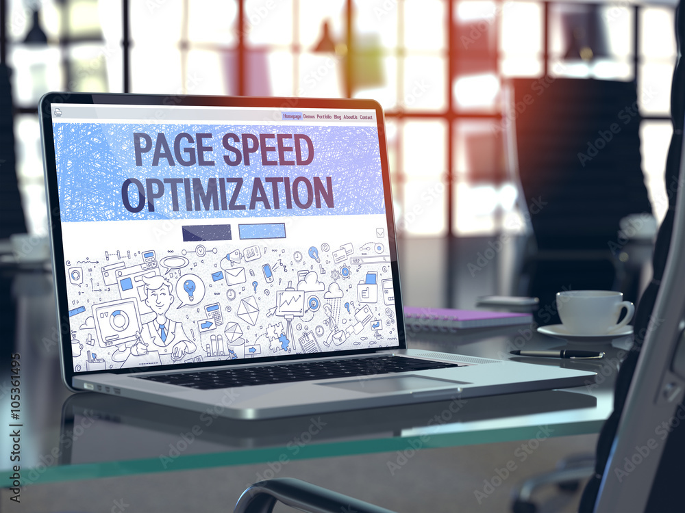 Aufkleber page speed optimization concept - closeup on landing page of laptop screen in modern office workplac