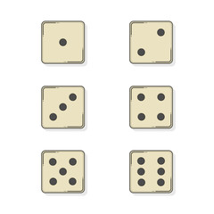 Six colored cartoon-style dice cubes