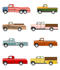 Set of cartoon vintage pick up truck on a white background. Vector