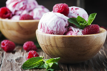 Sweet raspberry ice-cream witn mint