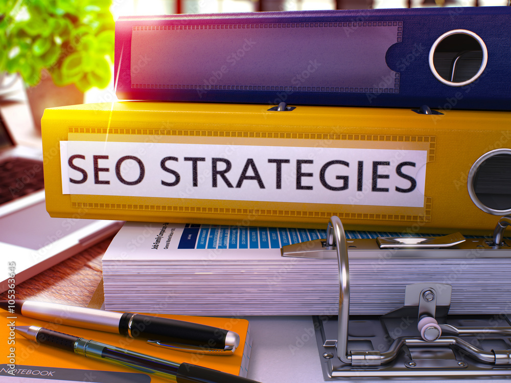 Poster seo - search engine optimization - strategies - yellow office folder on blurred background of workin