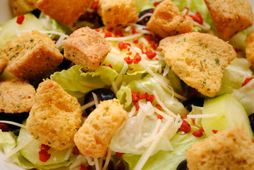 Close-Up of Croutons on a Lettuce Salad