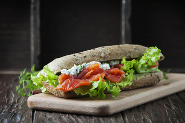 Healthy sandwich with cheese and salmon