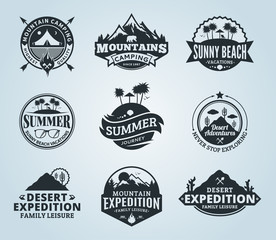 Set of vector summer, mountain and outdoor adventures logo