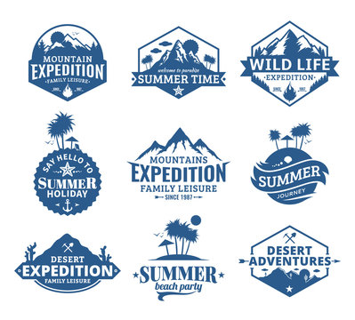 Set of vector summer, mountain and outdoor adventures logo
