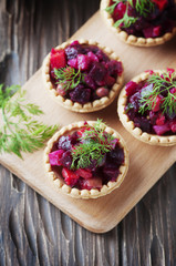 Traditional russian vegan salad with potato and beetroot