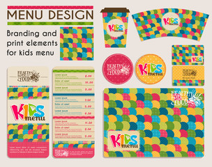 Branding and print elements for kids menu. Vector children's menu template for healthy food cafe. 