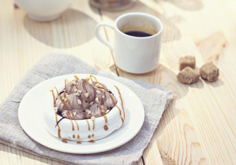 White meringues with brown chocolate stripes