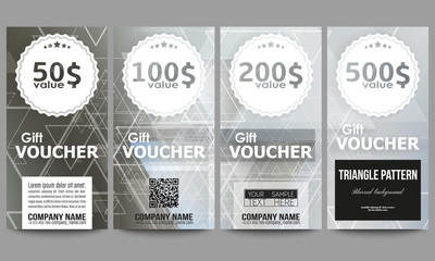 Set of modern gift voucher templates. Abstract blurred vector background with triangles, lines and dots