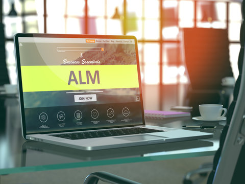 Alm Concept Closeup on Laptop Screen in Modern Office Workplace. Toned Image with Selective Focus. 3D Render.