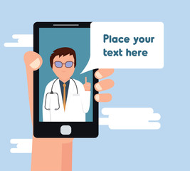 Fototapeta na wymiar Online doctor consultation vector illustration. Hand holding mobile phone while doctor is talking.