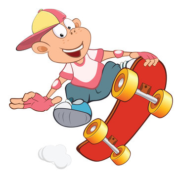 Illustration of Cute Little Boy. Skateboarding