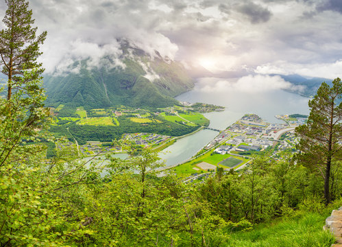Panoramic view on Andalsnes City, Mountain Landscape and Fjord V