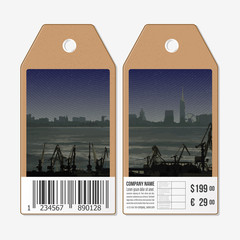 Vector tags design on both sides, cardboard sale labels with barcode. Shipyard and city landscape