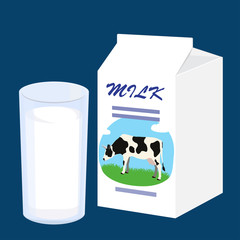 Milk carton with a picture of a cow and glass of fresh milk.