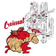 Croissant hand-drawn. Vector illustration. Postcard with dessert.