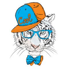 Vector tiger wearing glasses and a cap. Hipster. Greeting card with a tiger. Rap. Hip-hop.