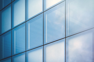 Closeup photo window of modern skyscraper business district in day light. Blue Skyscraper facade, office buildings. Modern glass silhouettes  skyscrapers. Horizontal mockup. 3d render