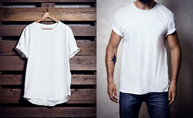 Photo of white tshirt hanging on wood background and bearded man wearing clear Tshirt. Vertical blank mockup