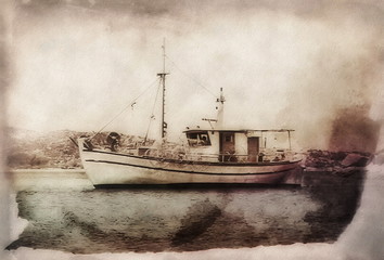 Obraz premium vintage fishing boat at mediterranean sea, retro illustration