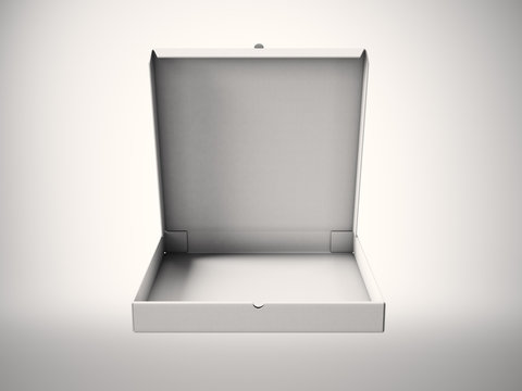 Empty white carton open pizza box on blank background. Horizontal mockup. 3d render