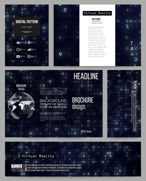 Set of business templates for presentation, brochure, flyer or booklet. Virtual reality, abstract technology background with blue symbols, vector illustration