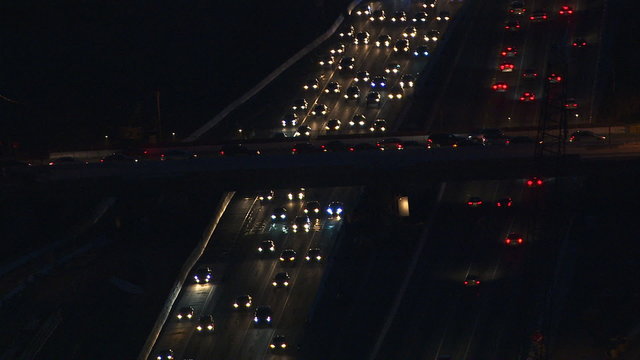 Aerial night view of busy highway