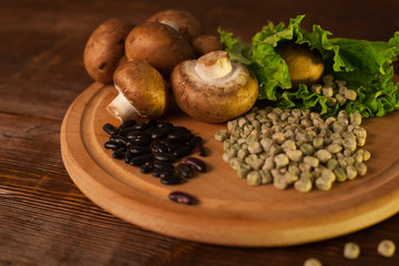 Different grains, mushrooms and salad