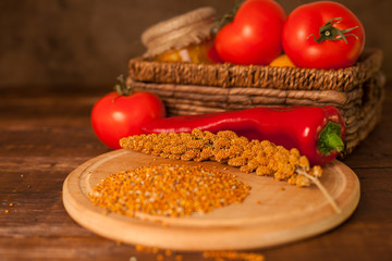 Grains, chiki and tomatos