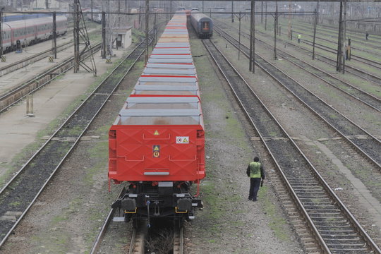 Bucharest, Romania, March 13, 2016: DB Schenker freight train is seen the switch yard of Gara de Nord main railway station.
