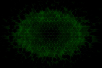 dark background with glowing green lights shining through a 3d hexagon structure 