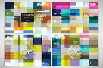 Vector set of tri-fold brochure design template on both sides with world globe element. Abstract colorful business background, modern stylish vector texture