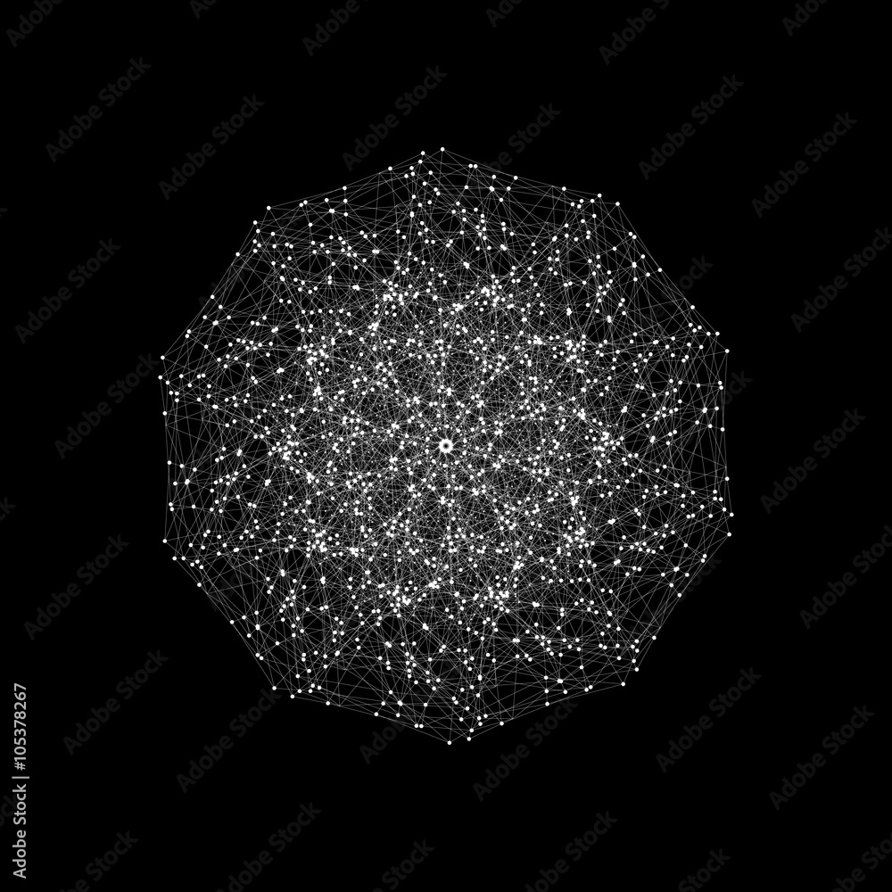 Poster round vector shape, molecular construction with connected lines and dots, scientific or digital desi