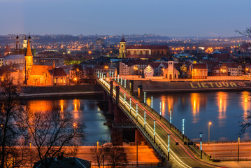 Night panorama of the river and Kaunas from Aleksotas hill, Kaunas, Lithuania. - obrazy, fototapety, plakaty