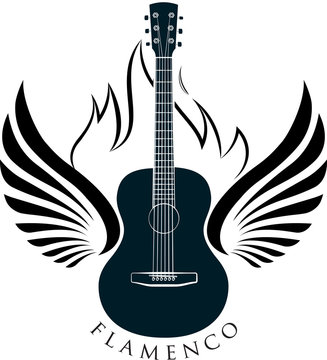 Acoustic, classic guitar emblem with wings, fire and caption FLA