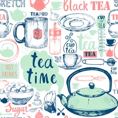 Tapeten Tee Nahtloser Hintergrund mit Tea-Party-Symbolen. Menümuster.