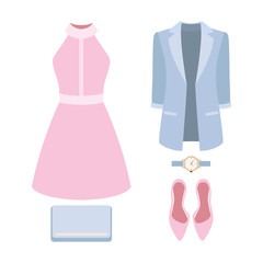 Set of trendy women's clothes. Outfit of woman jacket, dress and accessories. Women's wardrobe. Vector illustration