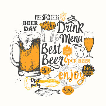 Different types of beer, cider and snack in sketch style.