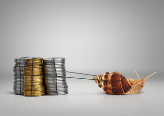 Banking concept snail pulling money, copy space © dimj