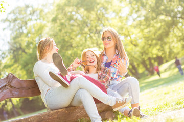 Fototapeta premium Group of three teenage girls sitting and chatting on bench in park. 