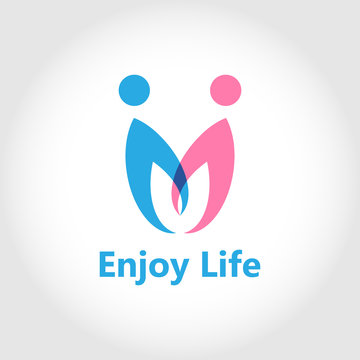 Enjoy life logo concept with blue and pink colors for representing male and female genders holding hands. Modern style logo design.