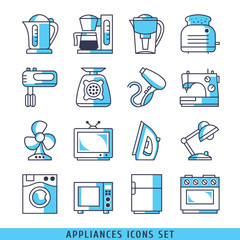 Appliances icons set lines blue color vector illustration