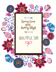 colorful illustration greeting card with flowers and label the spring with a bow on white background