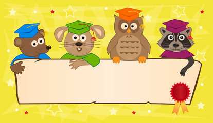Animal Graduation Banner - Cute animals with graduation caps holding a blank banner with certificate seal in the corner. Eps10