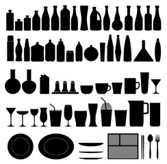 Bottle, plate, glass and cup collection - vector silhouette