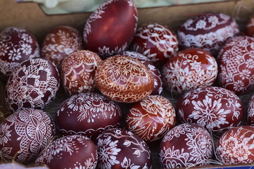 Happy easter colorful wax painted eggs
