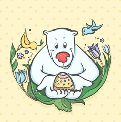 Иллюстрация медведь с пасхальным яйцом. Весенние цветы и птицы. Праздник Пасхи.